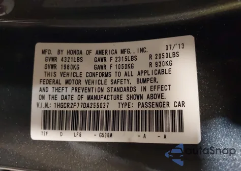 2013 Honda Accord Ex from USA, damaged, VIN 1HGCR2F77DA255037